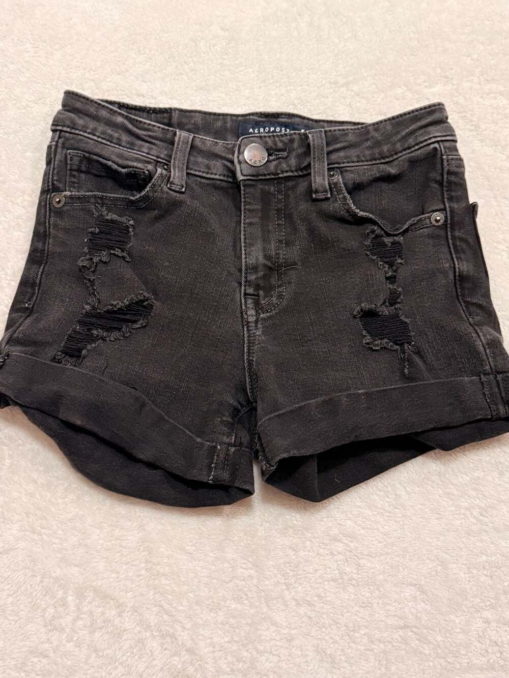 Aeropostale High Rise Midi Distressed Denim Jean Shorts Cuffed Black Wash Size 0